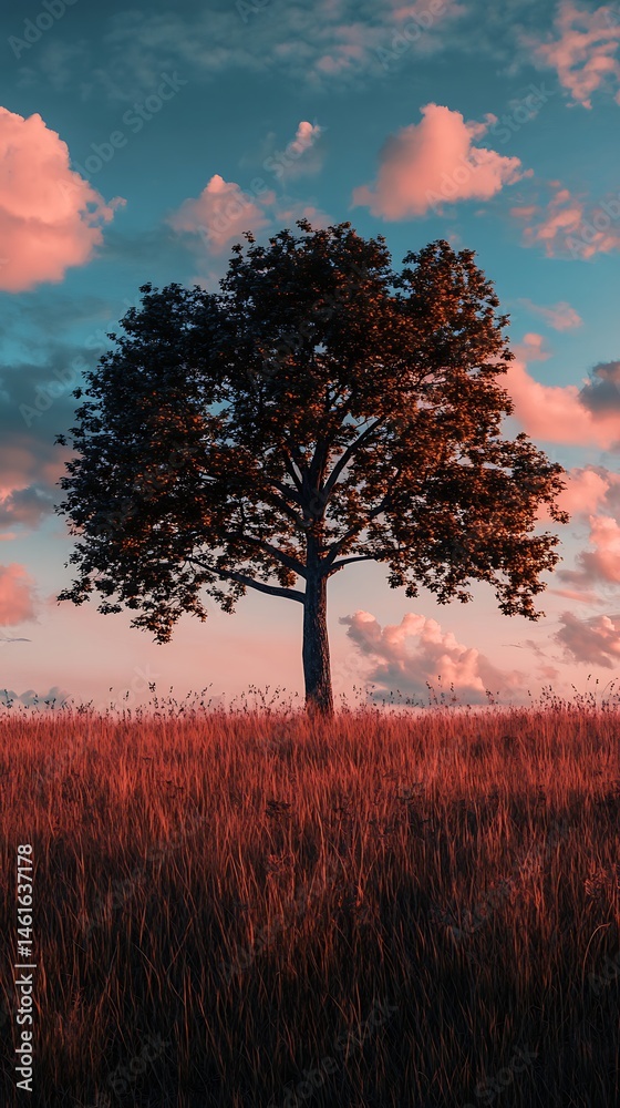 Fototapeta premium Tree silhouette against a colorful sky landscape