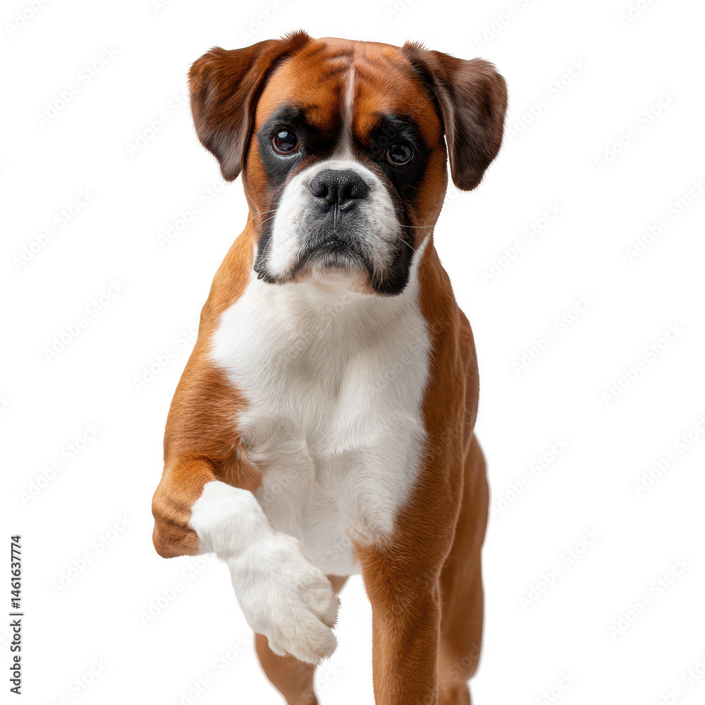 Obraz premium A playful brown and white boxer dog with a curious expression, poised in mid-stride against a white isolated background, showcasing its energetic personality.