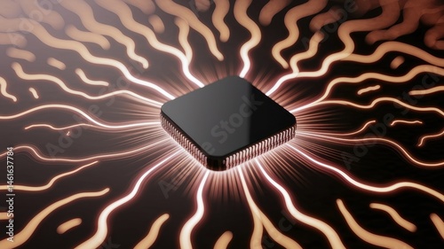 Signal transmission failure concept. Futuristic chip radiating energy on a dynamic, abstract background.