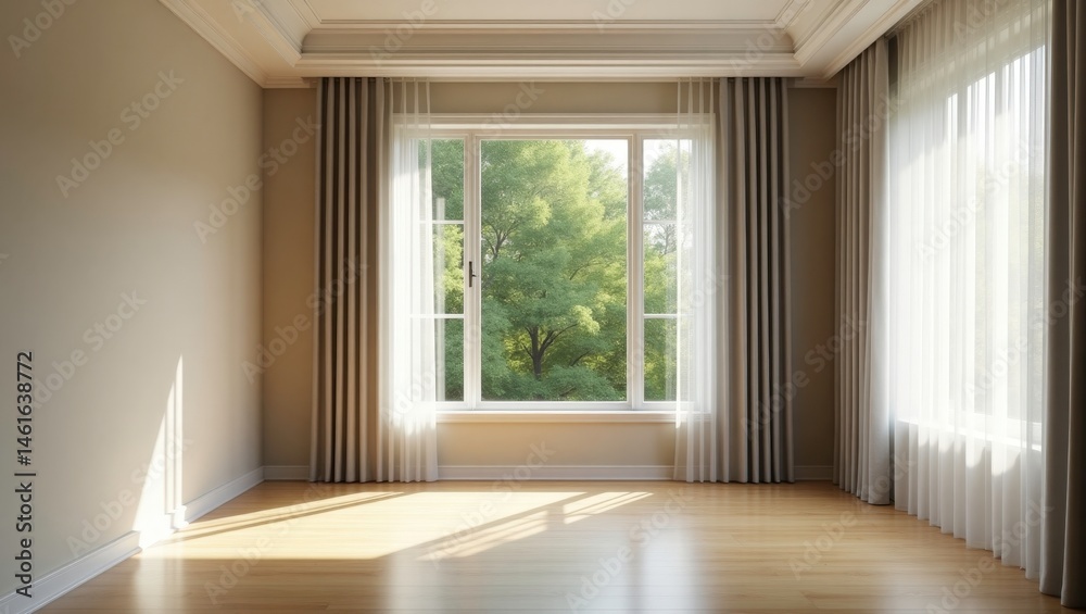 Fototapeta premium Empty room with gray wall, brown blackout and white sheer curtain in sunlight from backyard with trees on laminated parquet floor for furniture, interior design decoration background 3D
