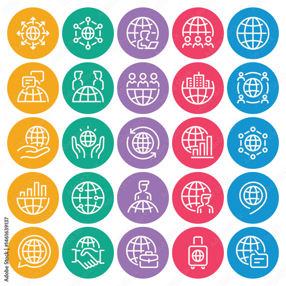 Obraz premium Circle color outline icons set for Global business