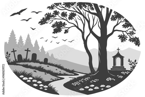 34 Circular composition, graveyard scene, black and white illustration, towering trees, flying birds, tombstones, small mausoleum, winding path, blooming flowers, distant mountains, atmospheric shadow