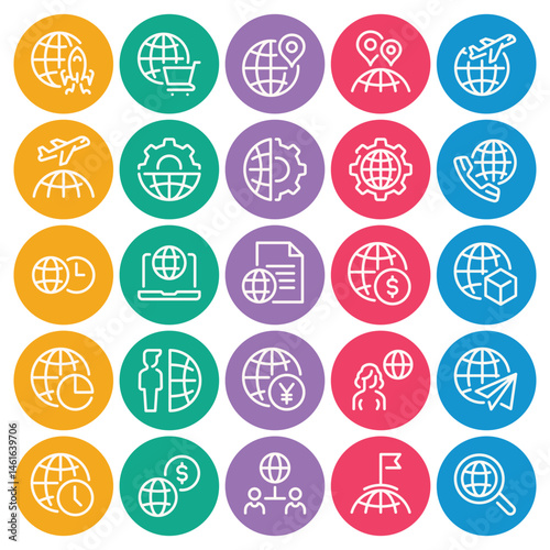 Circle color outline icons set for Global business