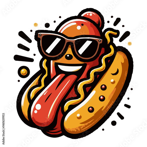 A pretentious hot dog with glasses sticks out his tongue against a white isolated background. Vector graphics. EPS.