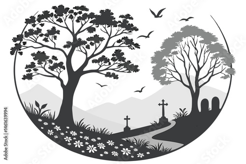 34 Circular composition, graveyard scene, black and white illustration, towering trees, flying birds, tombstones, small mausoleum, winding path, blooming flowers, distant mountains, atmospheric shadow