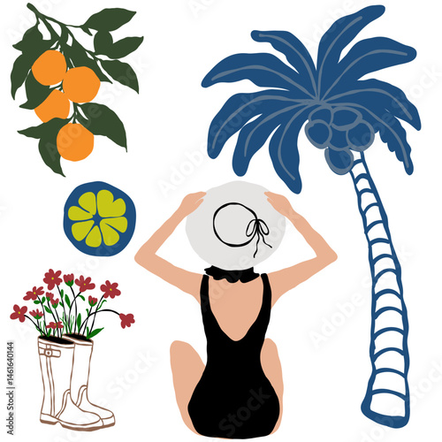 Relaxing summer scene with woman in swimsuit, palm tree, flowers, and oranges. Perfect for tropical vibe