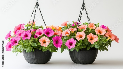 Two Hanging Baskets of Colorful Petunias in Bloom Close Up Studio Shot on White Background
