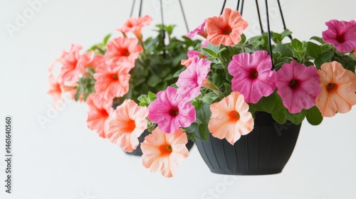 Eye-Level View of Hanging Baskets with Pink and Peach Petunia Flowers Blooming Indoors in Natural Light