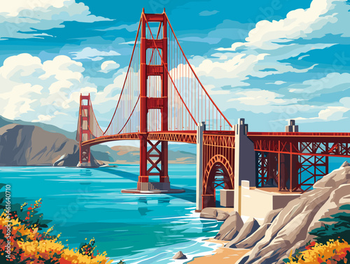 Vector illustration of the Golden Gate Bridge with sandy beach and clear blue ocean under sunny sky