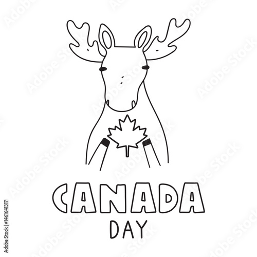 Moose hold maple leaf. Outline vector design. Illustration on white background.