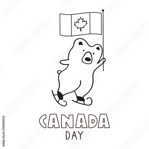 Outline design. Skating bear with flag of Canada. Canada day. Hand drawn illustration on white background.