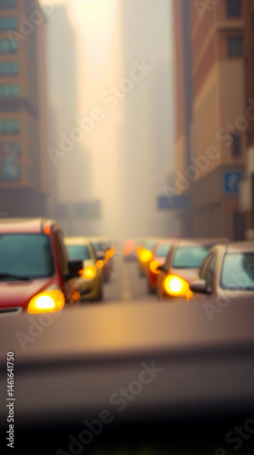 Cars with headlights on in traffic on a city street with tall buildings and a hazy or foggy atmosphere