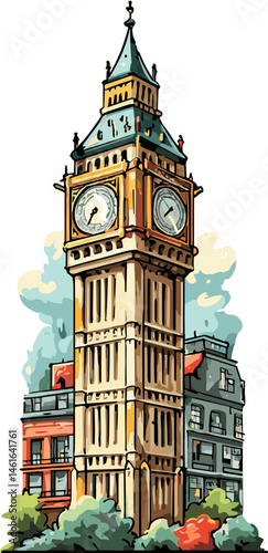 Vector illustration of Big Ben clock tower in London with city buildings and trees, hand-drawn in sketch style