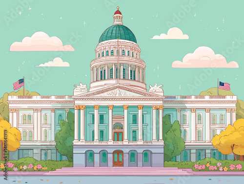 Vector illustration of a capitol building with green dome, columns, and American flags in pastel color palette