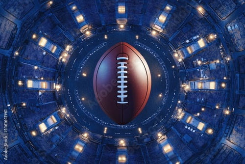 Fototapeta Naklejka Na Ścianę i Meble -  A football centered in a futuristic, circular,  dark-blue,  metallic structure  Luminous lights circle the sphere