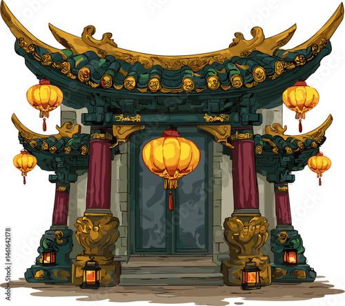 Vector illustration of an ornate Asian temple gate with golden details, red pillars and hanging lanterns