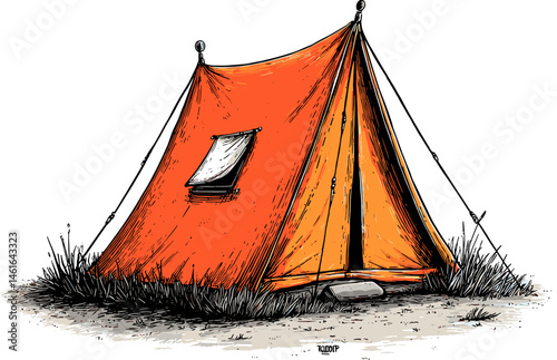 Rustic hand-drawn vector illustration of an orange camping tent with a window and surrounding grass