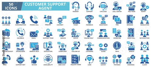 Customer support agent icon collection set. Containing support,live chat,call center,help desk,agent,customer,conversation,phone call icon. Simple flat vector