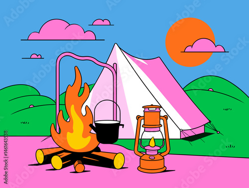 Bright vector illustration of a campsite with pink tent, bonfire, kettle, and lantern in a cartoon landscape