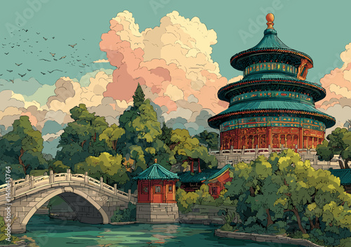 Illustration of a traditional East Asian pagoda temple surrounded by vibrant trees and a stone bridge over a calm river under a dramatic cloudy sky