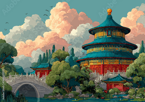 Illustration of a traditional East Asian pagoda temple surrounded by vibrant trees and a stone bridge over a calm river under a dramatic cloudy sky