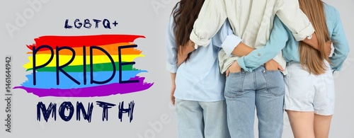 Young man and two women hugging on light background, back view. Banner for LG...