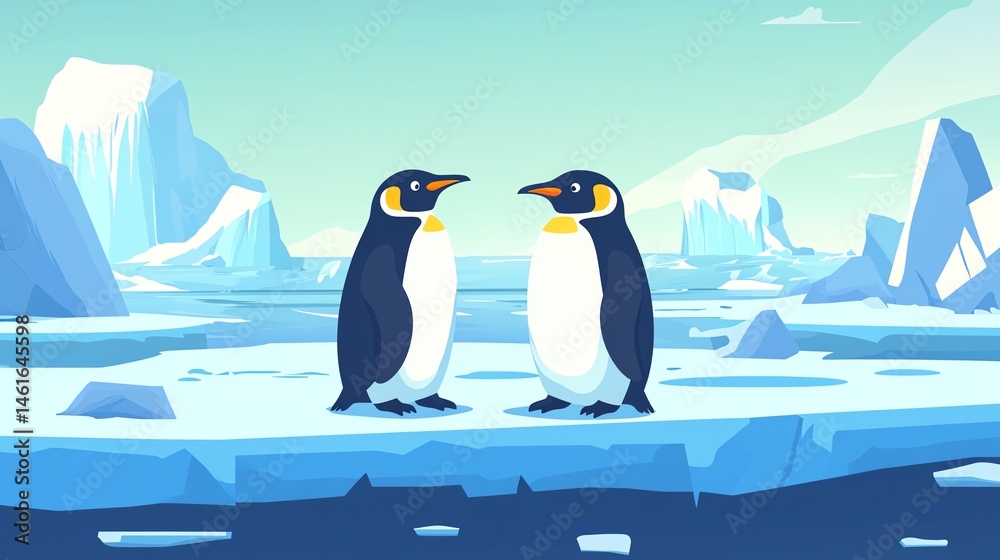 Obraz premium Two penguins stand on icy terrain surrounded by glaciers and floating ice in a polar landscape.