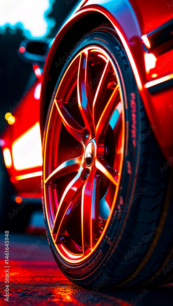 Close up of a red sports car wheel alloy rims with a complex spoke design and a glossy tire surface