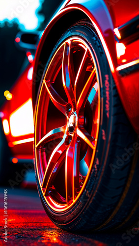Obraz na płótnie Close up of a red sports car wheel alloy rims with a complex spoke design and a glossy tire surface w salonie