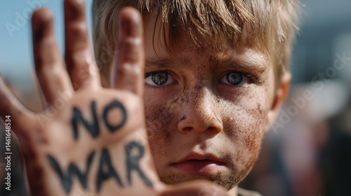 Young Boy Protester With No War Painted On Hand