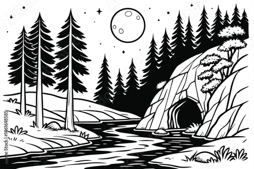 35 Black and white illustration, enchanted forest, moonlit night, river scene, whimsical creatures, Moomin-inspired characters, detailed ink drawing, tall pine trees, birch trees, rocky cliffs, magica