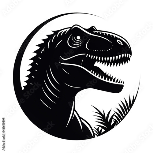 Black Silhouette of a Roaring T-Rex Dinosaur in Circular Jungle Frame – Prehistoric Predator Vector Art