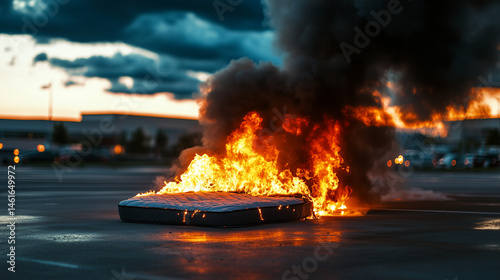A discarded mattress catching fire in a parking lot, flames quickly spreading, dark smoke rising from the synthetic materials as the fire intensifies photo