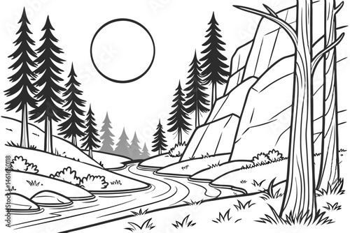 35 Black and white illustration, enchanted forest, moonlit night, river scene, whimsical creatures, Moomin-inspired characters, detailed ink drawing, tall pine trees, birch trees, rocky cliffs, magica