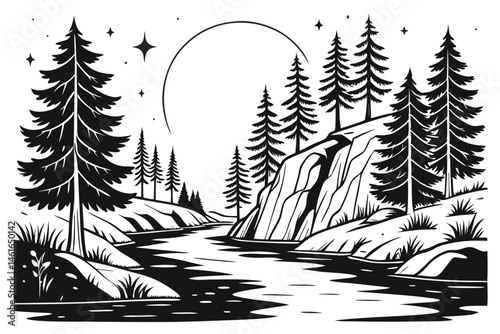 35 Black and white illustration, enchanted forest, moonlit night, river scene, whimsical creatures, Moomin-inspired characters, detailed ink drawing, tall pine trees, birch trees, rocky cliffs, magica