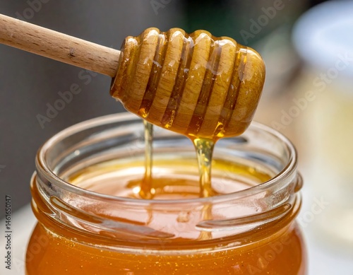 Golden Honey Dripping from Wooden Dipper into Glass Jar