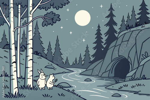 35 Black and white illustration, enchanted forest, moonlit night, river scene, whimsical creatures, Moomin-inspired characters, detailed ink drawing, tall pine trees, birch trees, rocky cliffs, magica