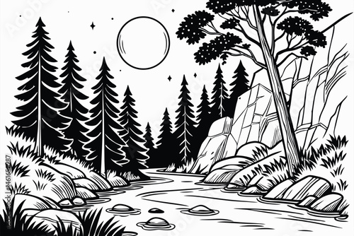 35 Black and white illustration, enchanted forest, moonlit night, river scene, whimsical creatures, Moomin-inspired characters, detailed ink drawing, tall pine trees, birch trees, rocky cliffs, magica