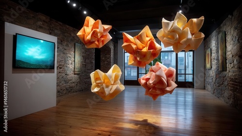 Contemporary art gallery display featuring illuminated paper sculptures and paintings in an industrial-style space photo
