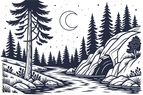 35 Black and white illustration, enchanted forest, moonlit night, river scene, whimsical creatures, Moomin-inspired characters, detailed ink drawing, tall pine trees, birch trees, rocky cliffs, magica