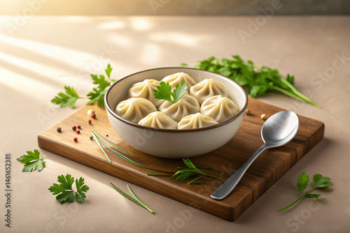 Rustic Dumplings Still Life with a Spoon on a Wooden Board for Simple and Comforting Culinary Photography Inspiration