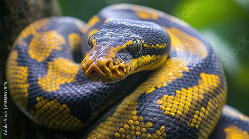 Black and Yellow Snake Coiled on Branch