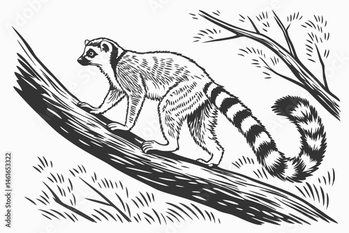 36 black and white illustration, detailed drawing, lemur, ring-tailed lemur, primate, fur texture, long tail, branch, wildlife, Madagascar, scientific illustration, textured paper, high contrast, mono
