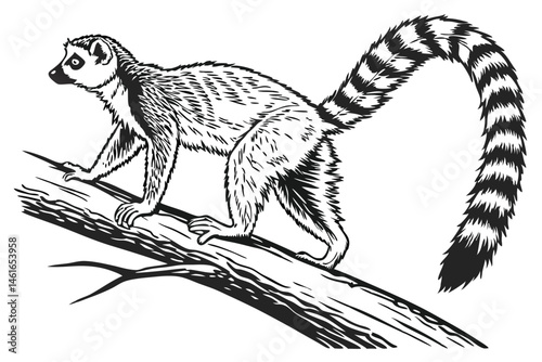 36 black and white illustration, detailed drawing, lemur, ring-tailed lemur, primate, fur texture, long tail, branch, wildlife, Madagascar, scientific illustration, textured paper, high contrast, mono