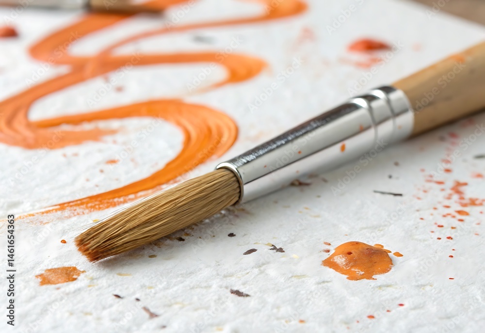 Obraz premium Brush with Artistry: A detailed shot captures a paint brush resting on a textured surface decorated with artistic orange paint strokes, emphasizing creativity.