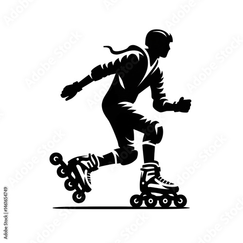 Black and white vector illustration of a rollerblader in sportswear on a white background.