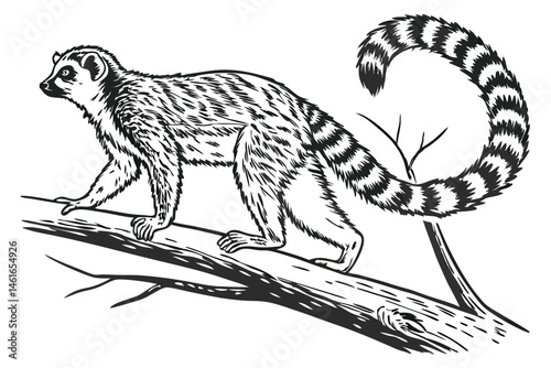 36 black and white illustration, detailed drawing, lemur, ring-tailed lemur, primate, fur texture, long tail, branch, wildlife, Madagascar, scientific illustration, textured paper, high contrast, mono