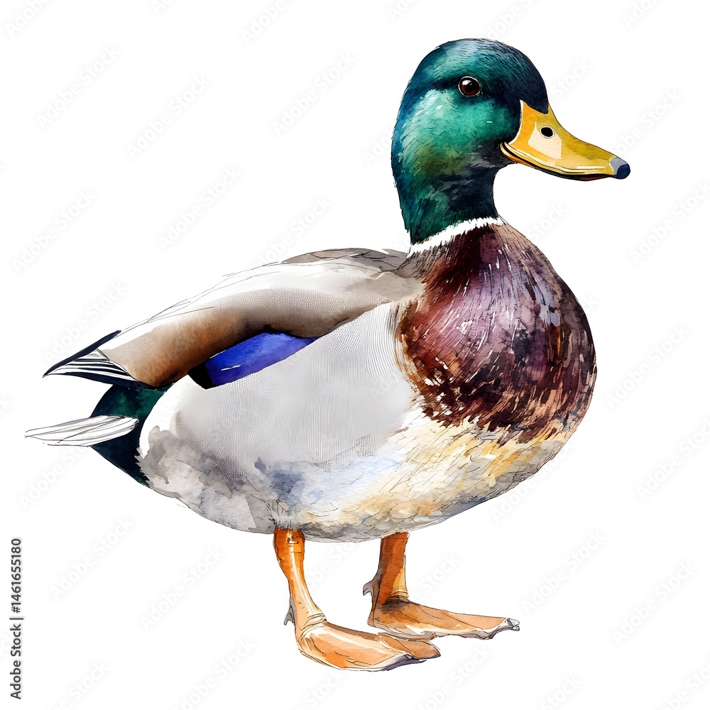 Obraz premium A detailed watercolor painting depicts a male mallard duck standing proudly on a white background showcasing its vibrant plumage.