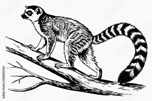 36 black and white illustration, detailed drawing, lemur, ring-tailed lemur, primate, fur texture, long tail, branch, wildlife, Madagascar, scientific illustration, textured paper, high contrast, mono