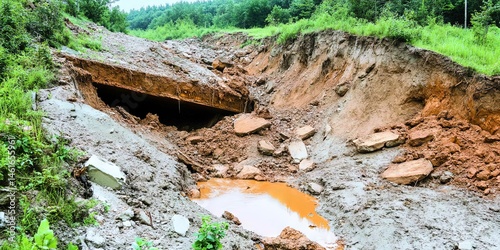 landslide in open environment with a crack in the ground filled with dirt and rubble falling downhill due largely to deforestation and human-created climate change
